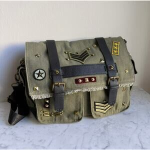 Steve Madden Military Messenger Bag Studded Canvas Patch Crossbody